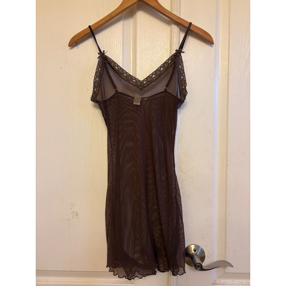 Jolie Intimates Brown Sheer Mesh Chemise Lace Trim Y2K Nightgown Womens Medium